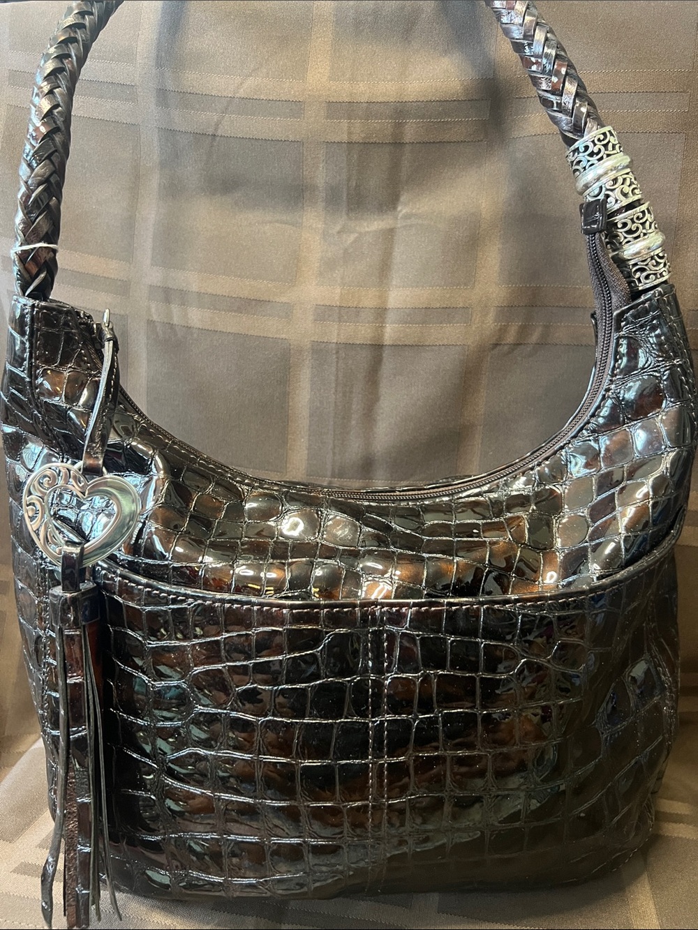 Brighton Barbados Brown Croc Embossed Leather Hobo Bag Tassel Heart